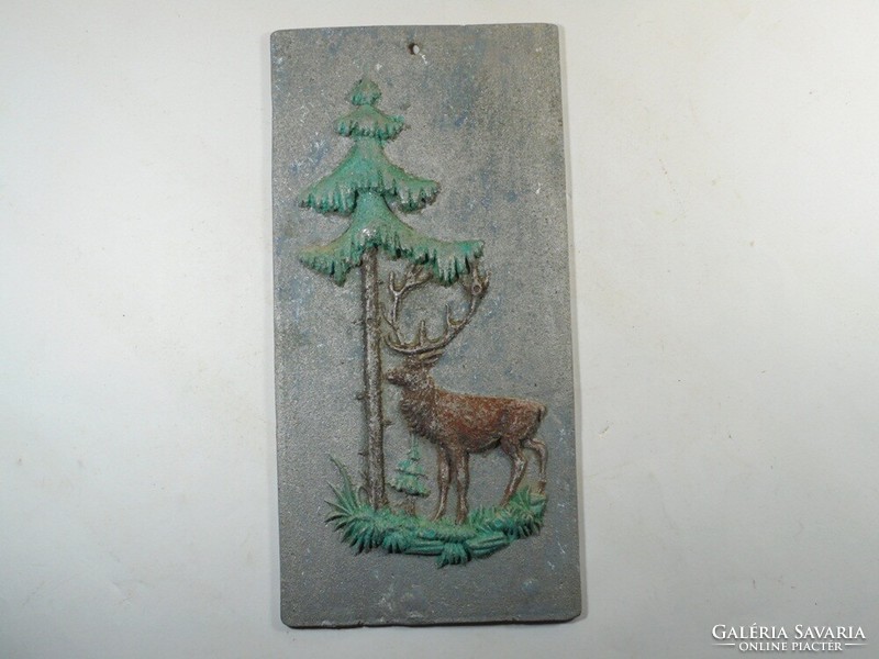 Régi retro festett alumínium fali dísz, fali kép falikép dísz tábla - szarvas erdő fenyő vad vadász