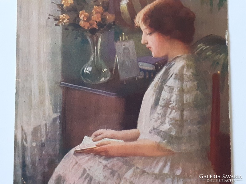 Old postcard 1917 reading lady art postcard