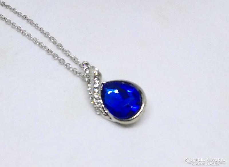 Silver-plated necklace with blue drop and white crystal pendant