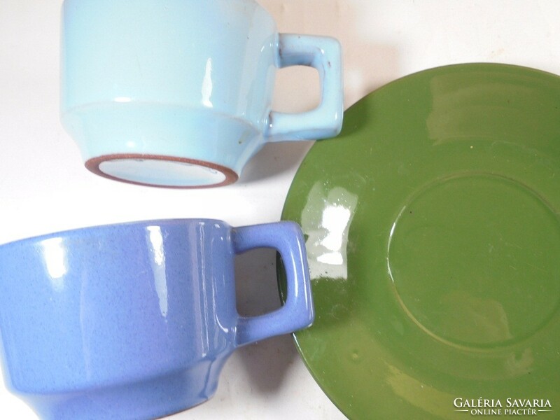 Retro old colorful glazed painted ceramic coffee and tea set - 3 cups and 1 small plate