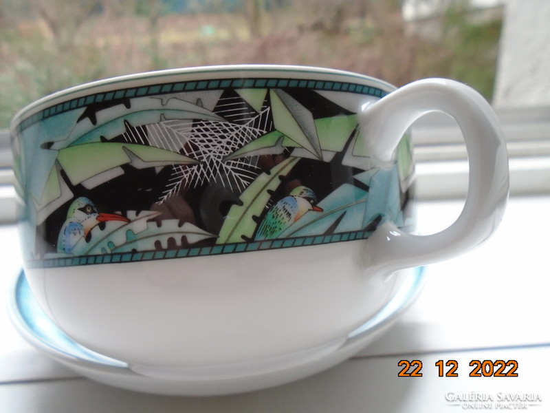 Modernist abstract, bird-patterned ears soup cup with coaster