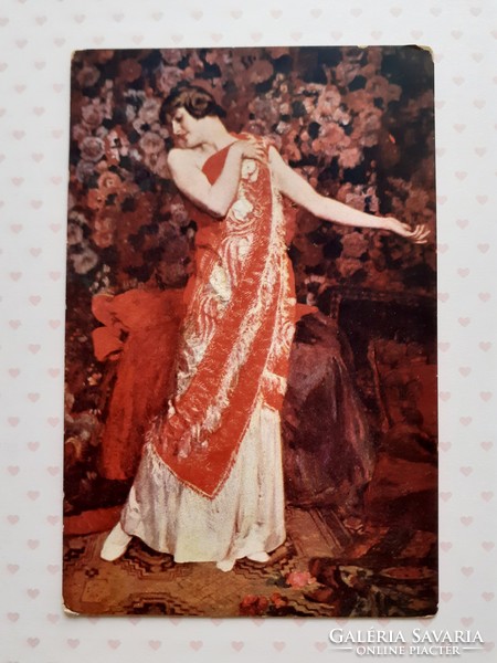 Régi képeslap Salon de Paris Vörös kendő művészeti art deco levelezőlap