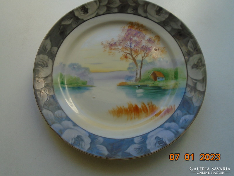 Hand-painted Japanese plate with landscape, silver rose rim