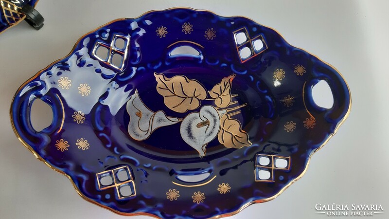Cobalt blue - gold - white apulum bowl with openwork pattern - centerpiece, offering 2 pieces in one