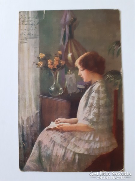 Régi képeslap 1917 olvasó hölgy művészeti levelezőlap