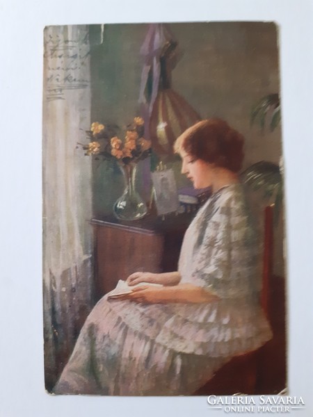 Old postcard 1917 reading lady art postcard