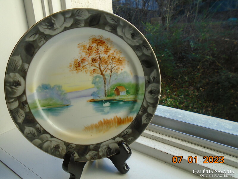 Hand-painted Japanese plate with landscape, silver rose rim