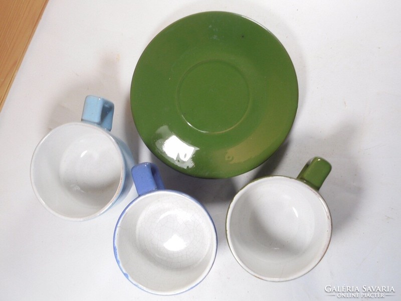 Retro régi színes mázas festett kerámia kávés teás készlet- 3 db csésze 1 kistányér
