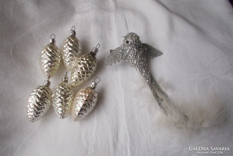 Glass, silver cone Christmas ornament, Christmas tree decoration with clip bird, pine decoration 7pcs
