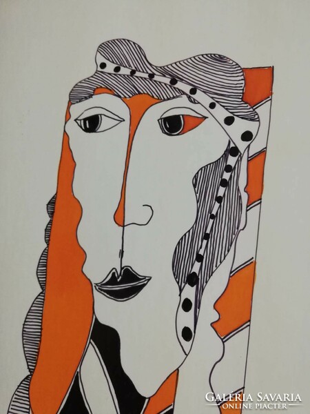 Original Saxon Károly István abstract ink drawing black white orange color graphics