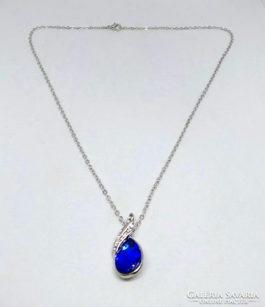 Silver-plated necklace with blue drop and white crystal pendant