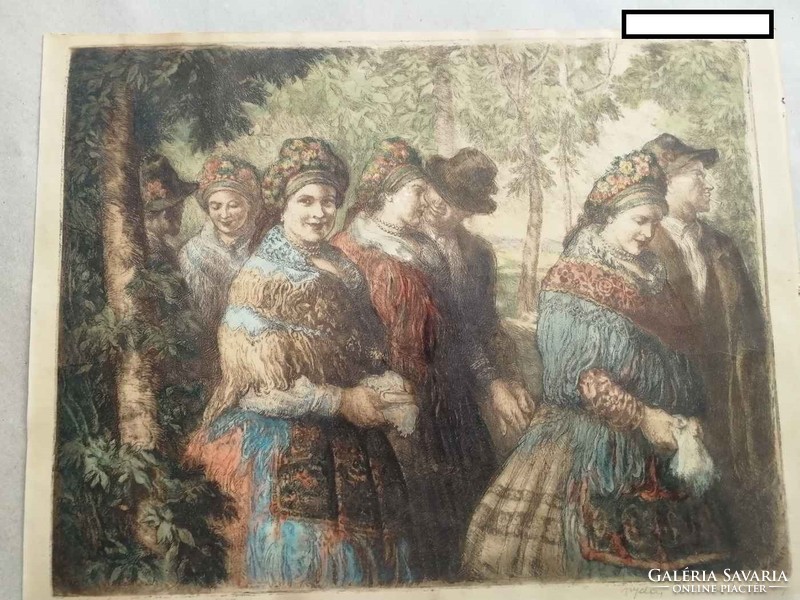 Colored etching of sokác sárközien girls and women marked by Nándor Vidai Brenner