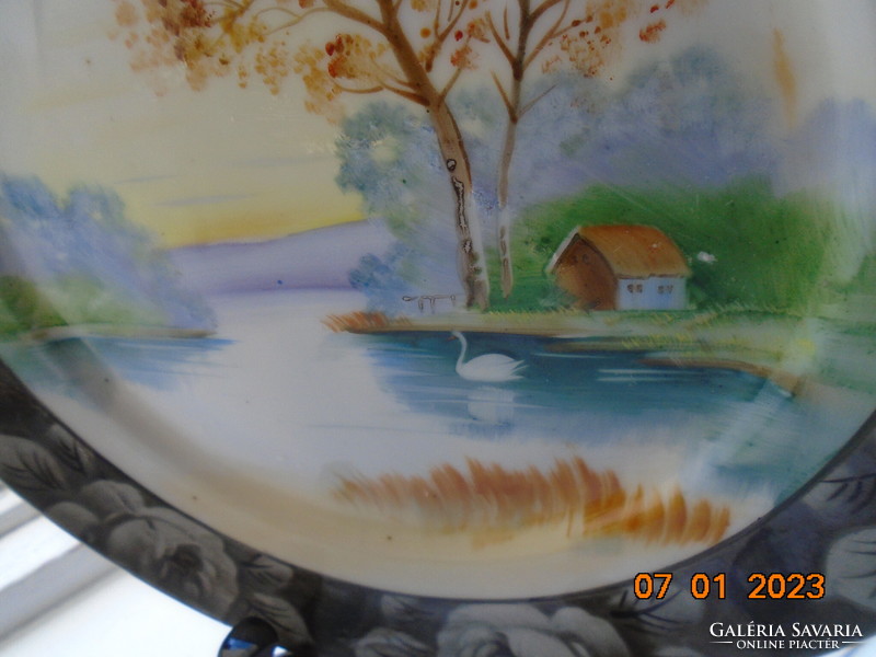 Hand-painted Japanese plate with landscape, silver rose rim