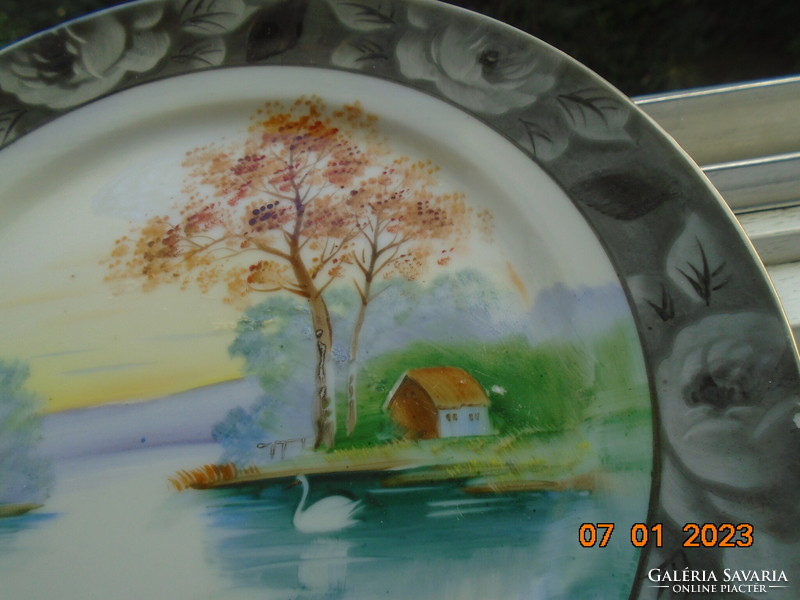 Hand-painted Japanese plate with landscape, silver rose rim