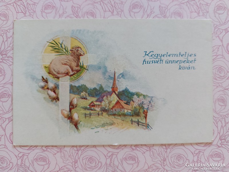 Régi húsvéti mini képeslap rajzos levelezőlap üdvözlőkártya bárány templom