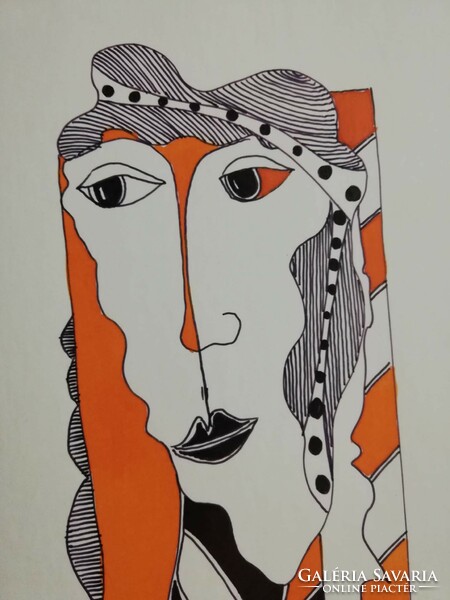 Original Saxon Károly István abstract ink drawing black white orange color graphics