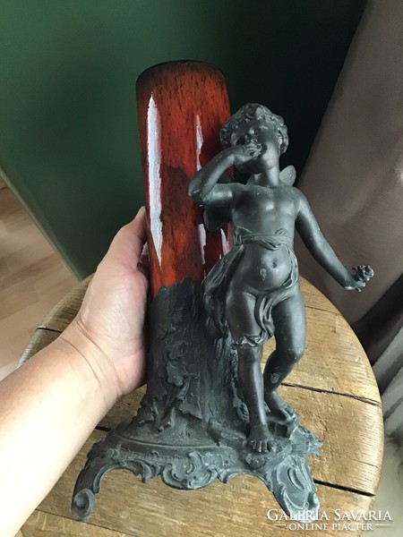 Antique French Auguste Moreau art nuveau putto pewter statue vase holder