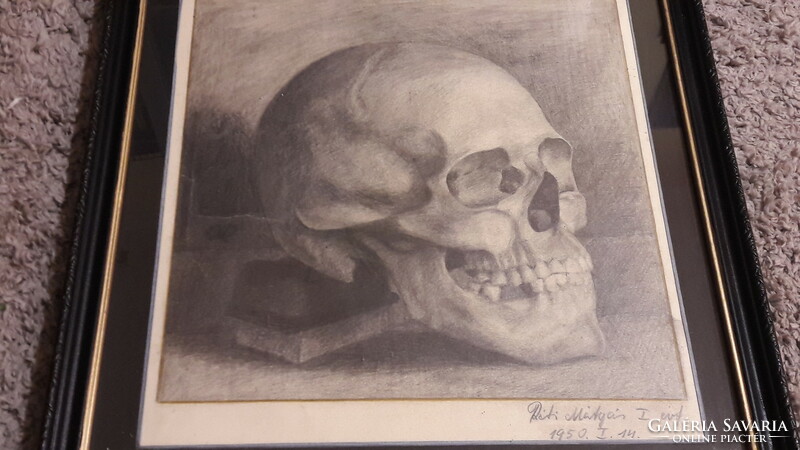 Mátyás Réti 1950 pencil drawing, skull