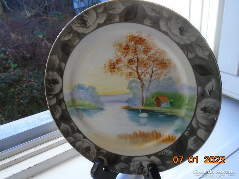 Hand-painted Japanese plate with landscape, silver rose rim