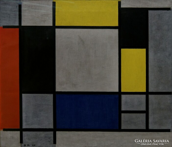 Mondrian - Kék, sárga, szürke, piros kompozíció - vakrámás vászon reprint