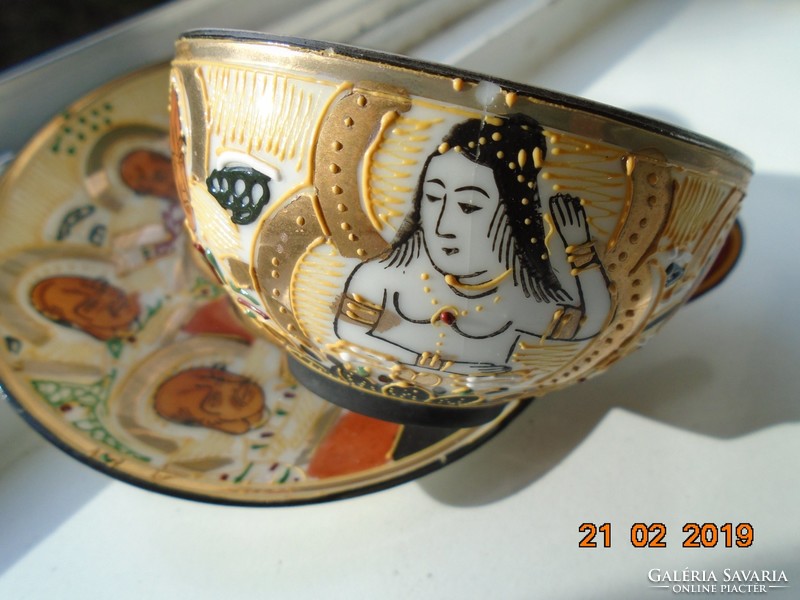 Satsuma moriage suzuki, cannon and rakan pattern, eggshell lithophane coffee cup with saucer