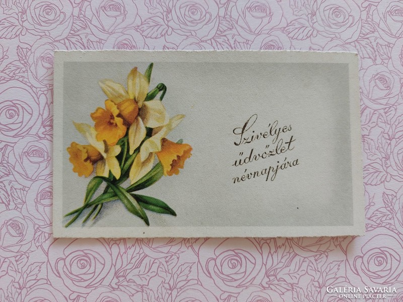 Régi mini képeslap virágos levelezőlap üdvözlőkártya nárcisz