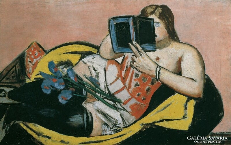 Beckmann - reclining woman with book and irises - canvas reprint