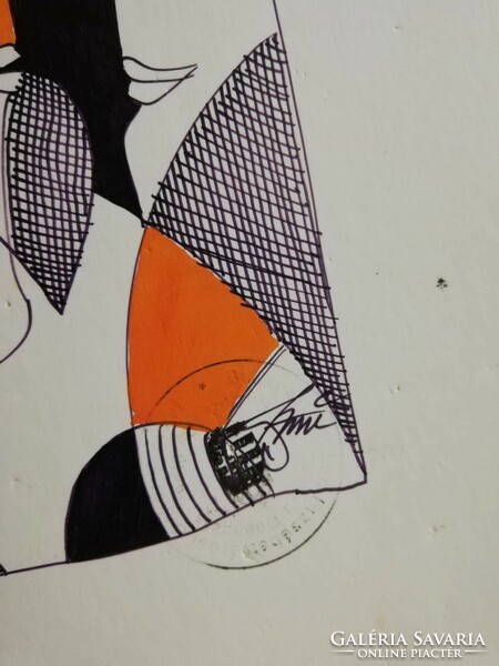 Parkas original Saxon Károly István abstract ink drawing black white orange color graphics