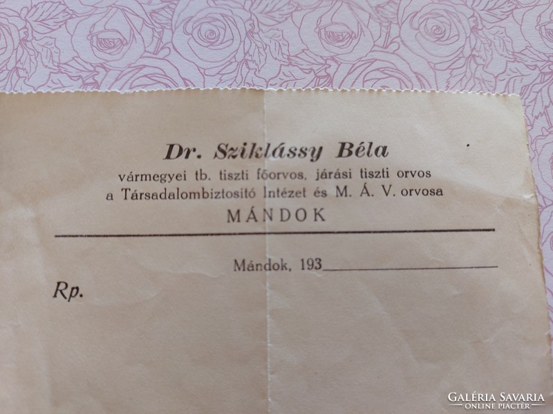 Régi orvosi recept 1930-as évek vény Mándok