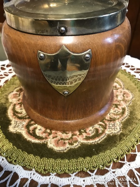 Old biscuit box with porcelain insert, bonbonier wood, with metal fittings, special beauty