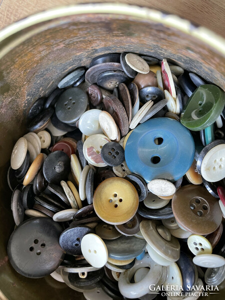 Antique painted tin box full of old buttons