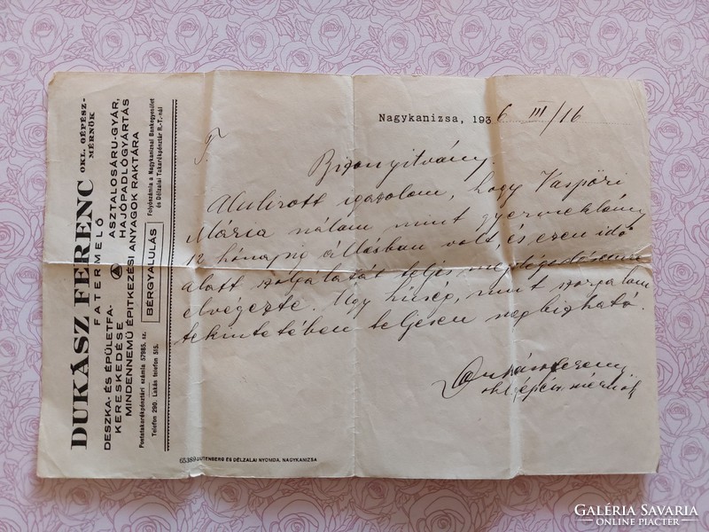 Old document 1936 employer's certificate certificate dukász ferenc nagykanizsa