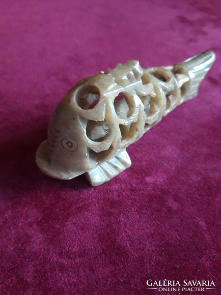 Dolphin - openwork / lace carved greasestone statue - 10 cm