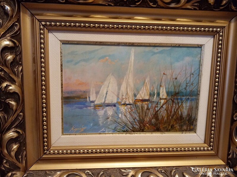 Sailboats - catch l. Tamás painting in a nice frame 50x40 cm