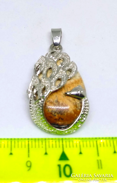 Image jasper mineral drop cabochon, Tibetan silver peacock socket pendant f19478