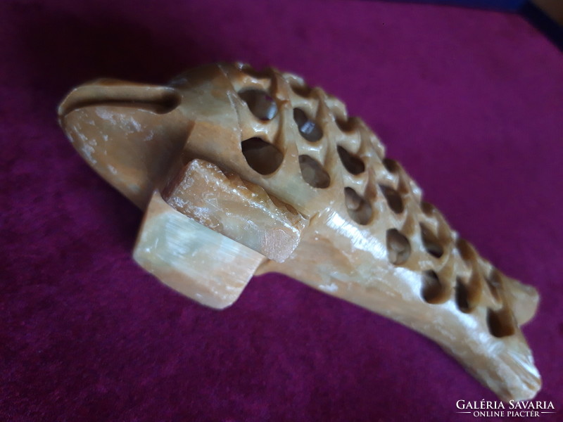 Dolphin - openwork / lace carved greasestone statue - 13 cm
