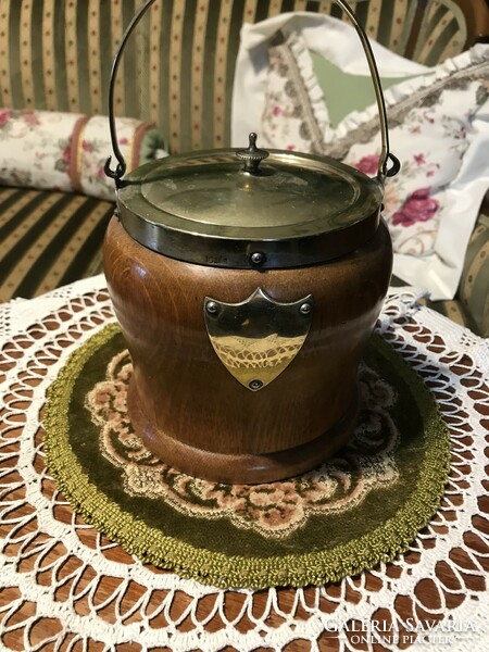 Old biscuit box with porcelain insert, bonbonier wood, with metal fittings, special beauty