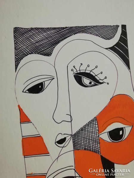 Parkas original Saxon Károly István abstract ink drawing black white orange color graphics