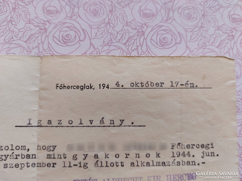 Regi document 1944 employer's certificate valiant albrecht kir. Prince Bellyei ur. Machine factory archduke