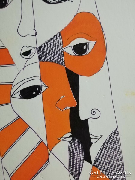 Parkas original Saxon Károly István abstract ink drawing black white orange color graphics