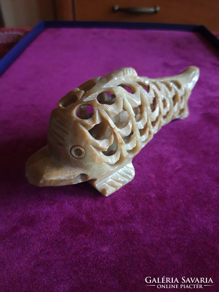 Dolphin - openwork / lace carved greasestone statue - 13 cm