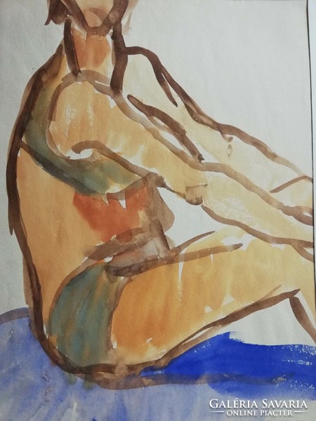Napozó nő, strand pillanatkép részlet Korényi Attila kortárs festő akvarell 1974.