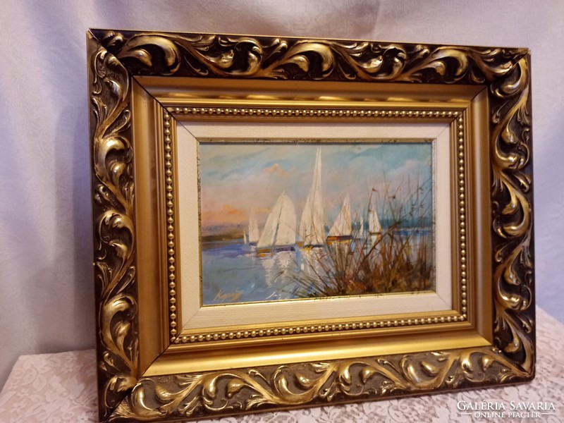 Sailboats - catch l. Tamás painting in a nice frame 50x40 cm