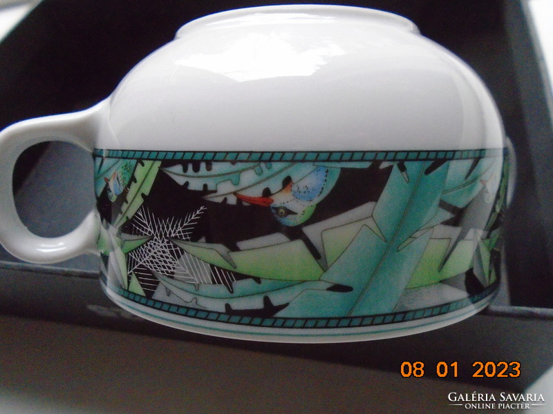 Modernist abstract soup cup with bird patterned ears