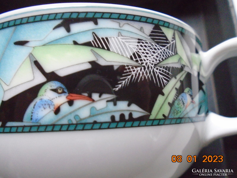 Modernist abstract, bird-patterned ears soup cup with coaster