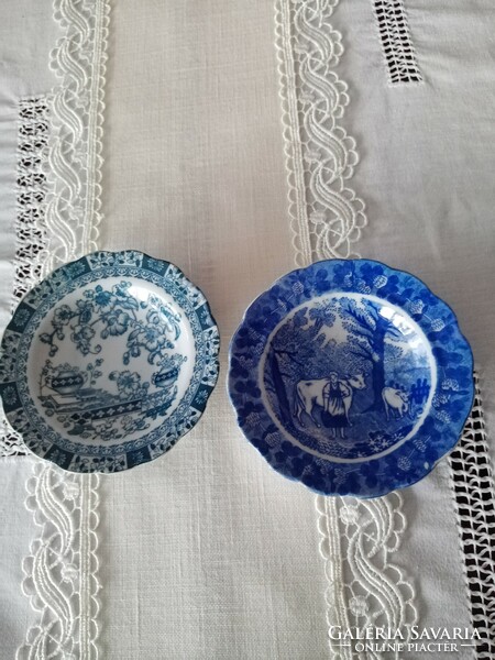 2 blue and white porcelain bowls and teacup bottoms - pagoda pattern and cow knife