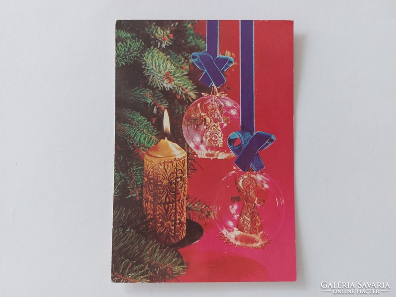 Old Christmas card retro postcard with Christmas tree decorations