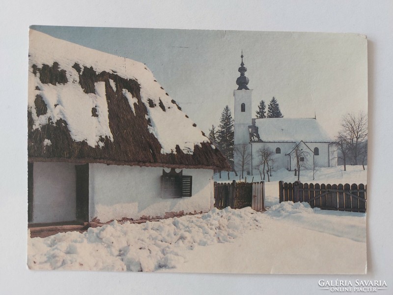 Régi karácsonyi képeslap levelezőlap havas falusi táj templom