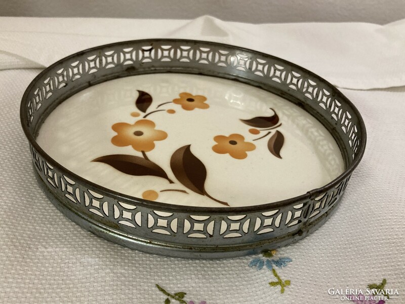 Antique tray/tray with faience inlay