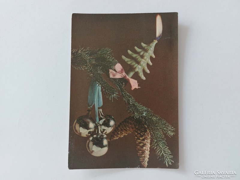 Old Christmas card retro postcard with Christmas tree decorations